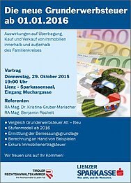 Vortrag zur neuen Grunderwerbsteuer am 29. Oktober 2015 in der Lienzer Sparkasse 